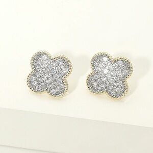 14K Gold Plated CZ Pave Quatrefoil Stud Earrings